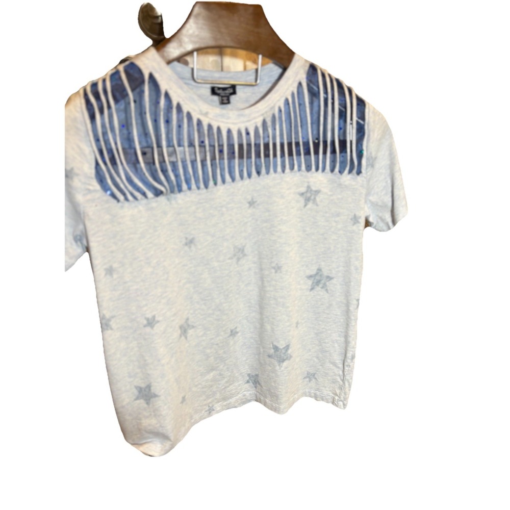 Splendid women M top shirt t-shirt Cutouts‎ Sequins Stars Heathered Blue Edgy